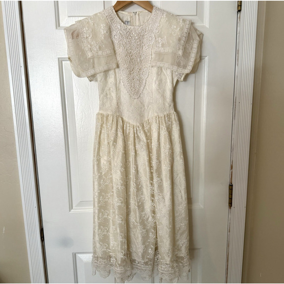 VTG Jessica McClintock Bridal Flower Girl Dress Lace Ivory White 8 Embroidery